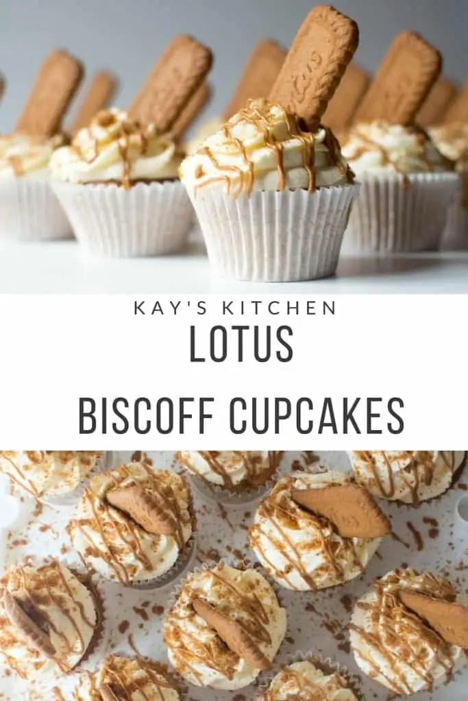 lotus biscoff cupcakes with vanilla cream and cookie spread drizzle