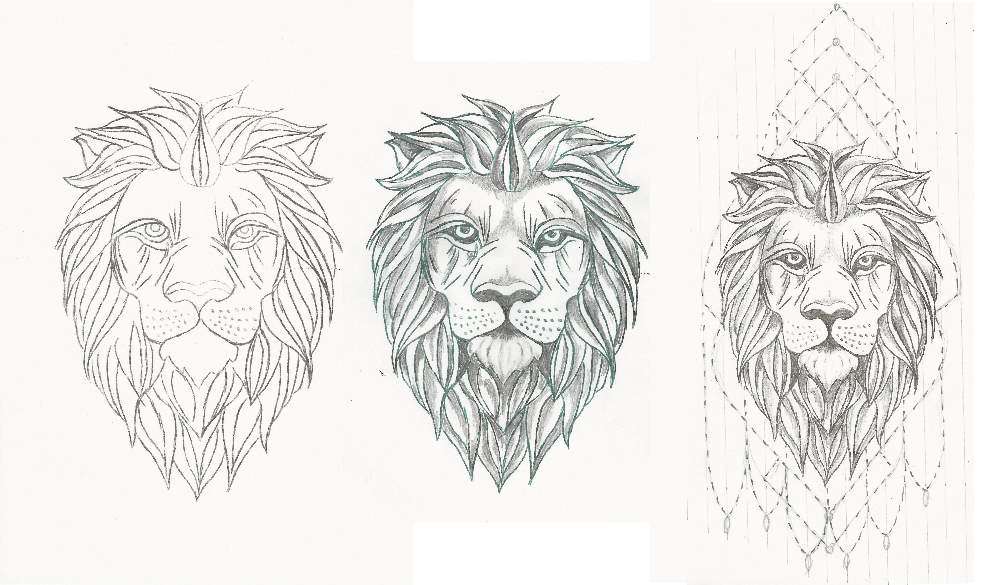 three stages of a lion mandala tattoo drawing