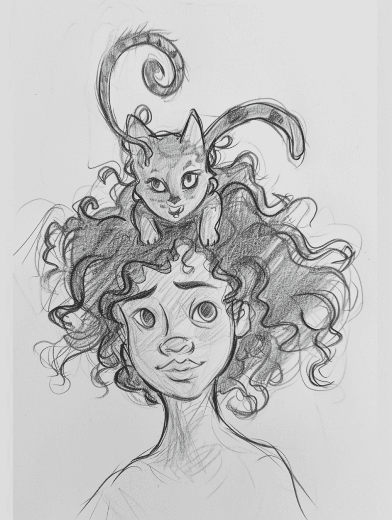 Girl With Curly Hair and Cat