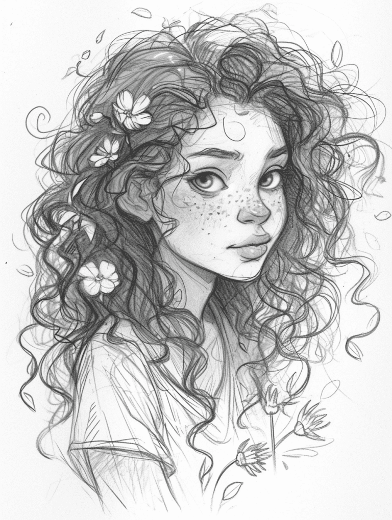 Girl With Curly Hair and Flowers