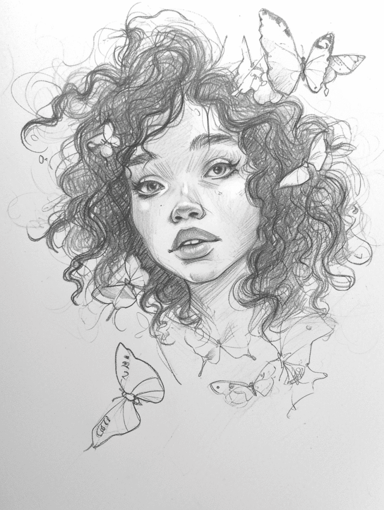 Girl With Curly Hair and Butterflies