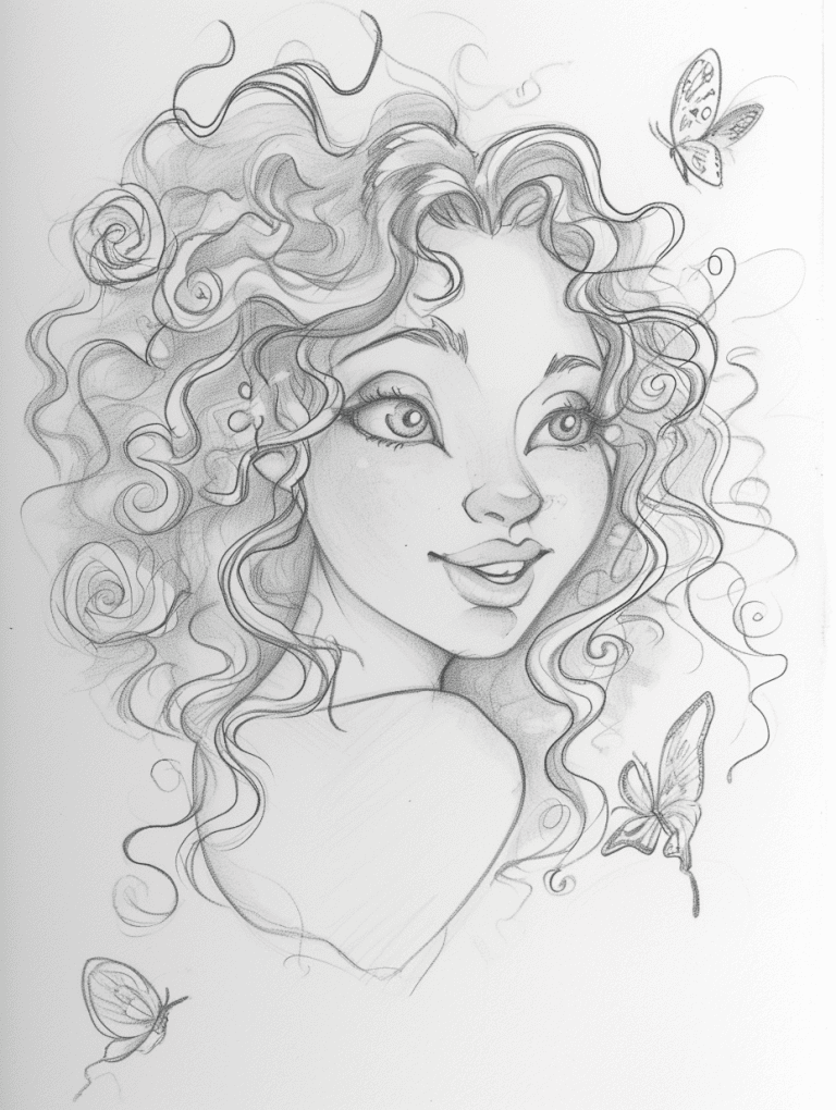 Girl With Curly Hair and Butterflies