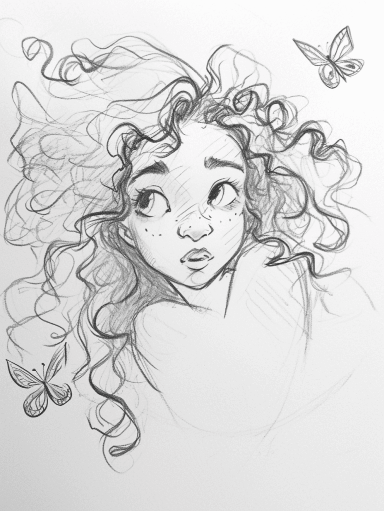 Girl With Curly Hair and Butterflies