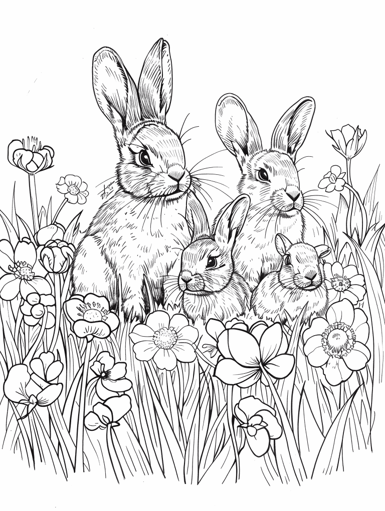 Family Of Rabbits With Spring Flowers