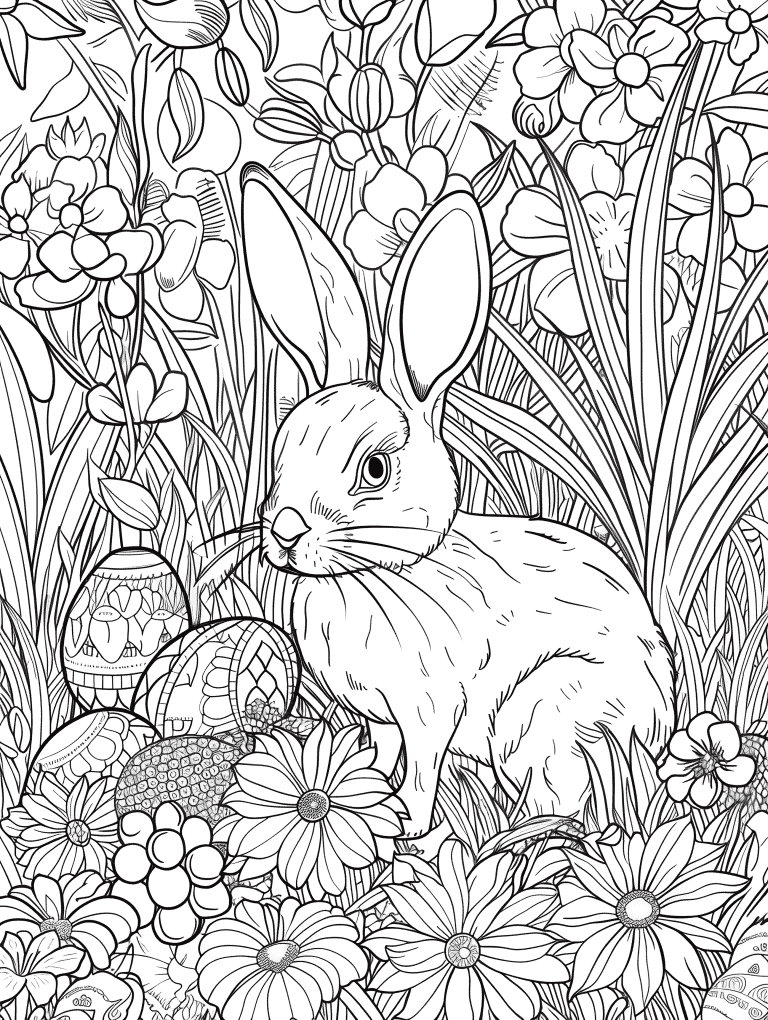 Rabbit With Flowers And Easter Eggs