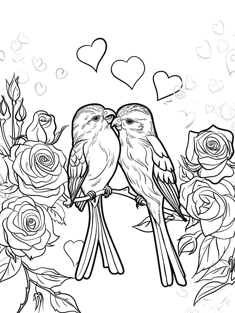 Lovebirds Surrounded By Roses