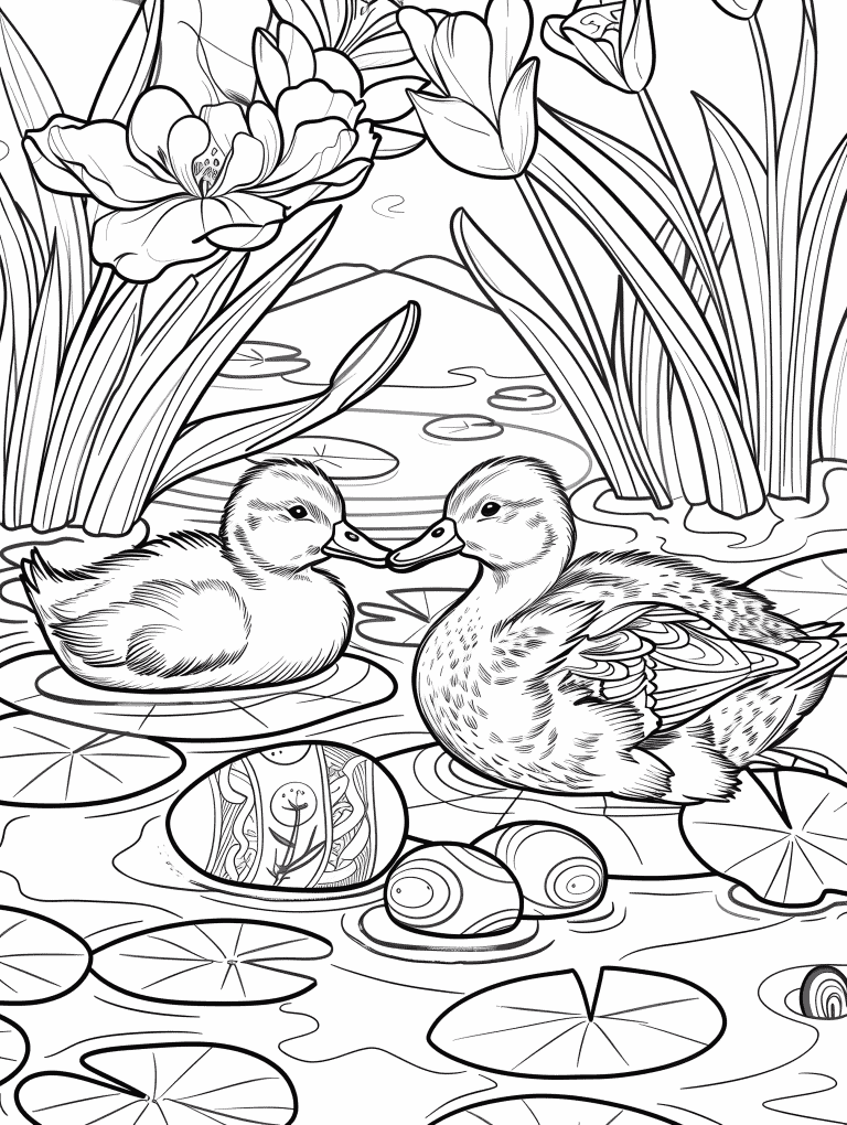 Ducks Swimming With Floating Easter Eggs