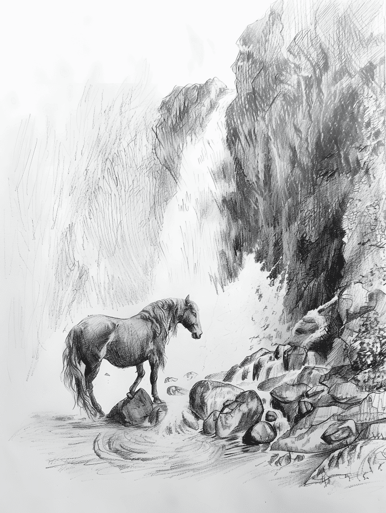 Horse In Waterfall