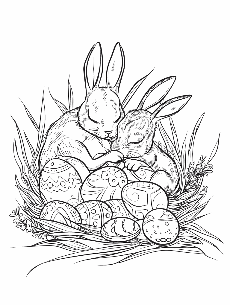 Rabbits Hugging Over Easter Eggs