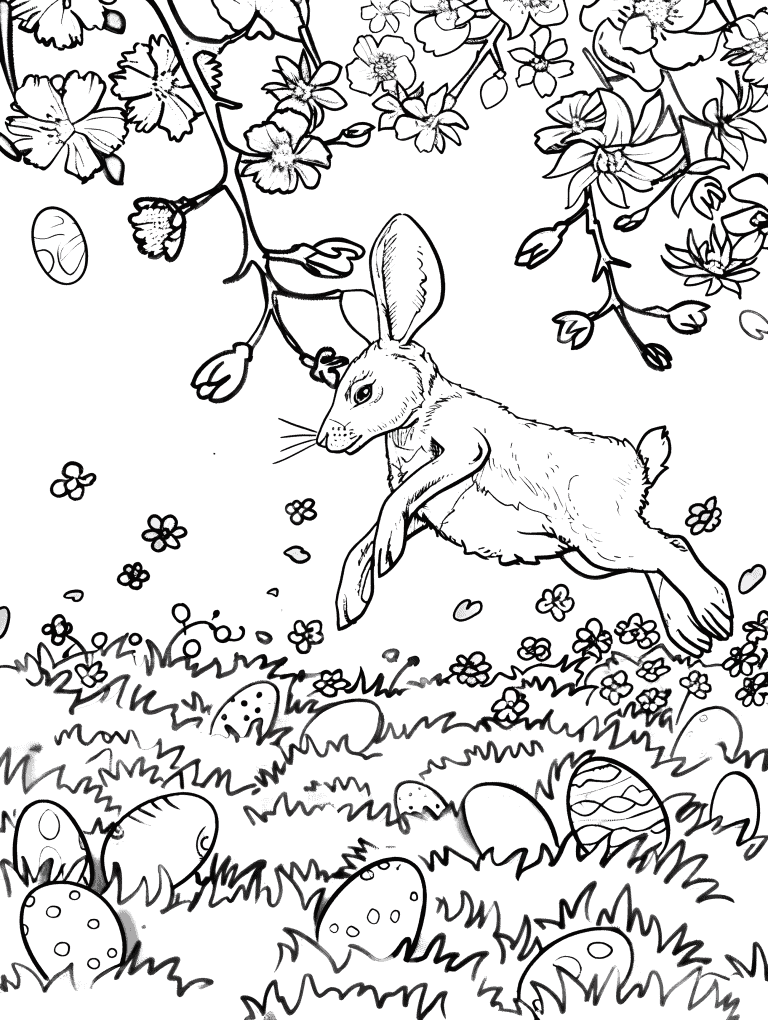 Rabbit Hopping Over Easter Eggs
