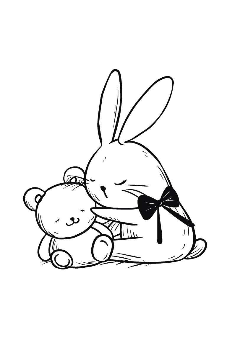 Rabbit Snuggling A Teddy Bear