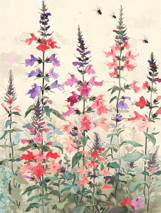 watercolor illustration of bee balm Flowers