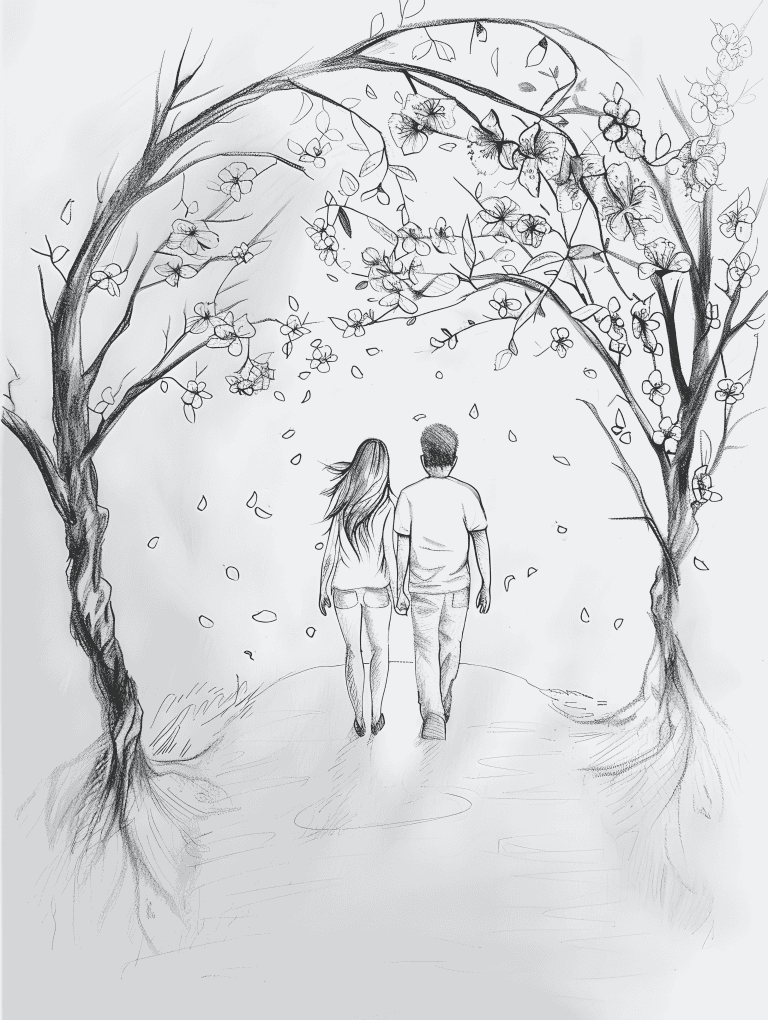 Couple Walking Along Cherry Blossoms