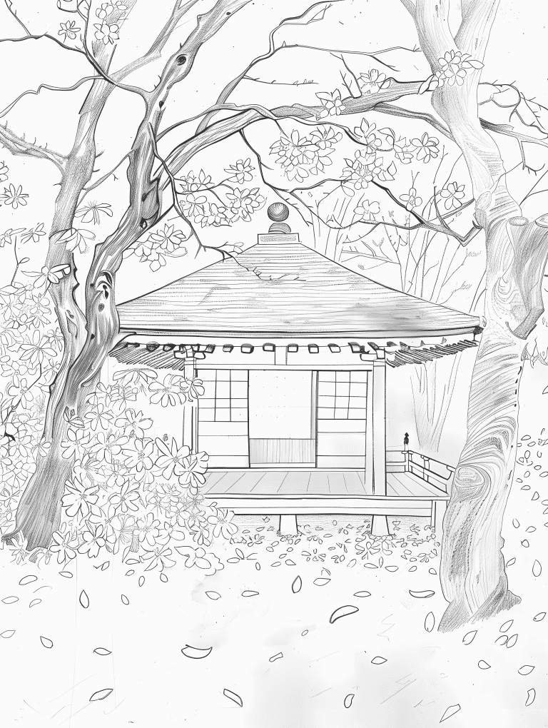 Tea House Surrounded By Cherry Blossoms