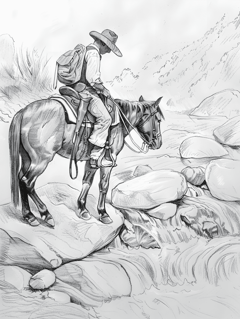 Cowboy Navigating A Rocky River