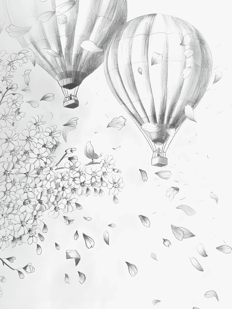 Hot Air Balloons Drifting Along Cherry Blossoms