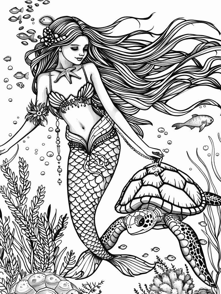 Mermaid Accompanied By A Turtle