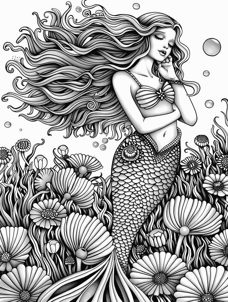 Mermaid Swimming Along Anemones