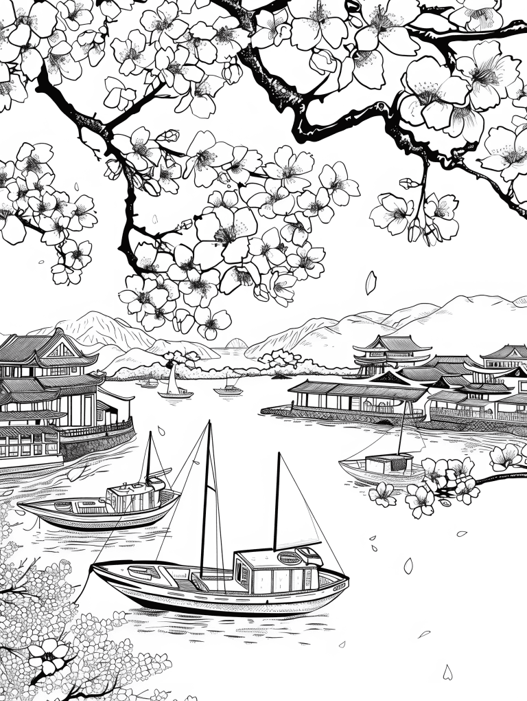 Harbor With Cherry Blossom Trees