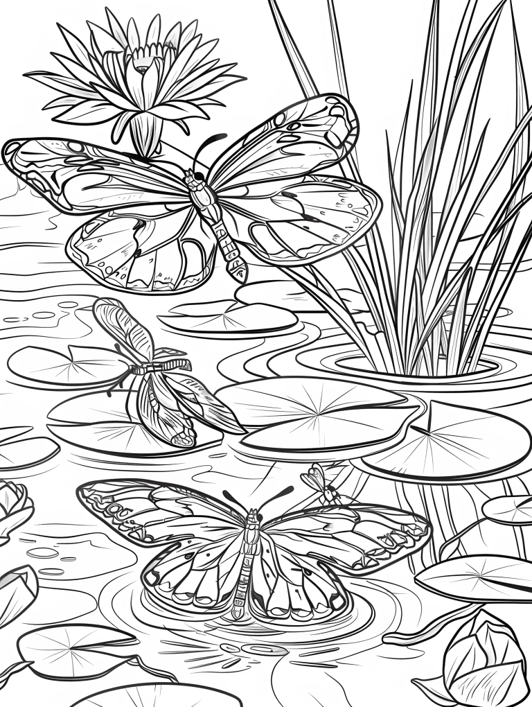 Butterflies Fluttering Around Lily Pads