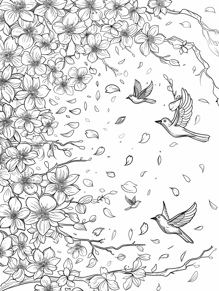 Birds Flying Through Cherry Blossoms