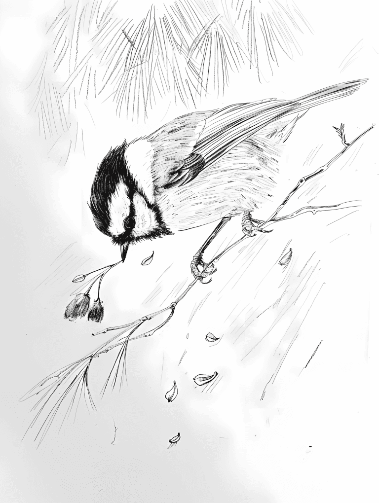 Chickadee Pecking Flowers