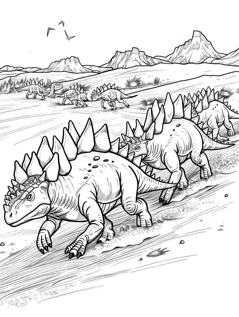 Group of Stegosaurus Trekking In The Dessert