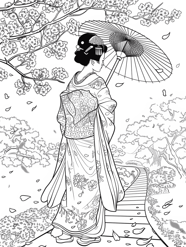 Geisha Walking Along Cherry Blossoms