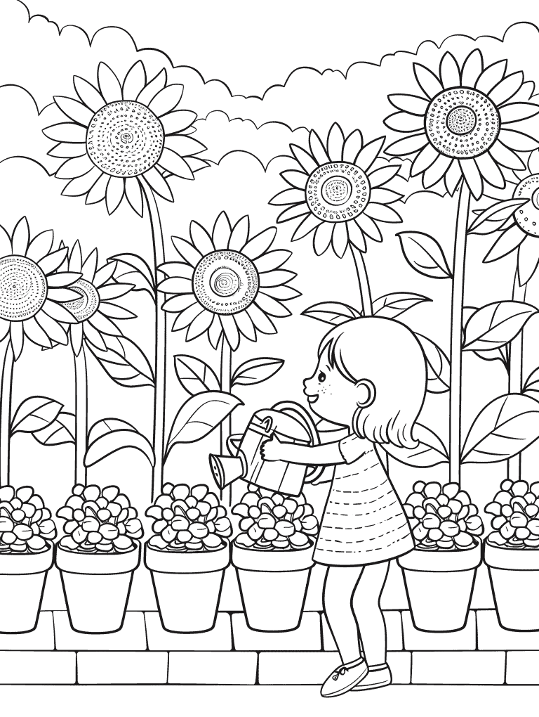 Child Watering A Row Of Flowers