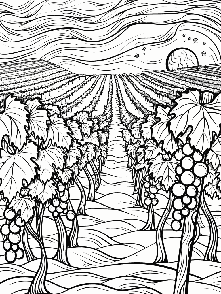 Rows Of Grapevines With A Moon In The Distance