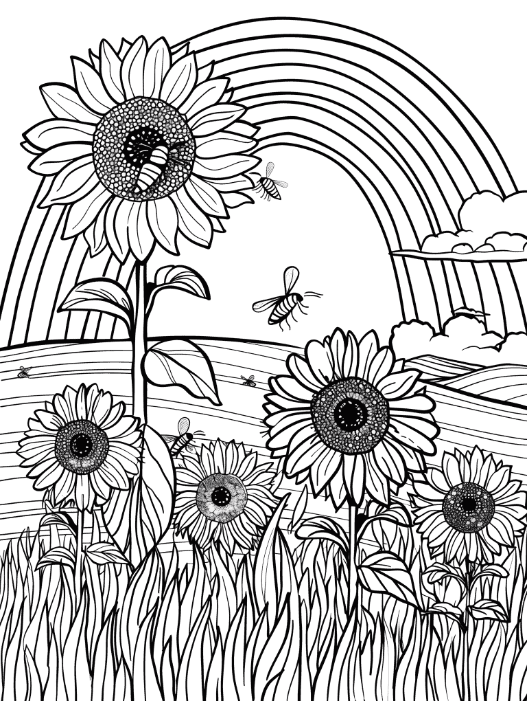 Rainbow Arching Over Sunflowers