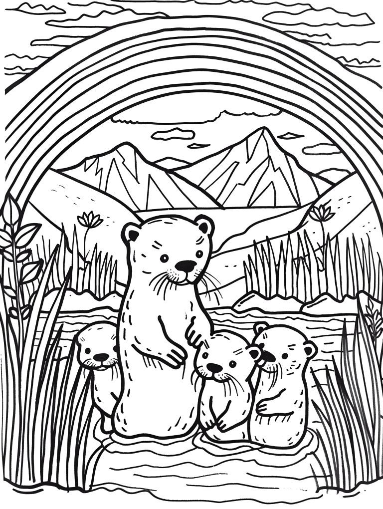 Rainbow Over Family Of Otters