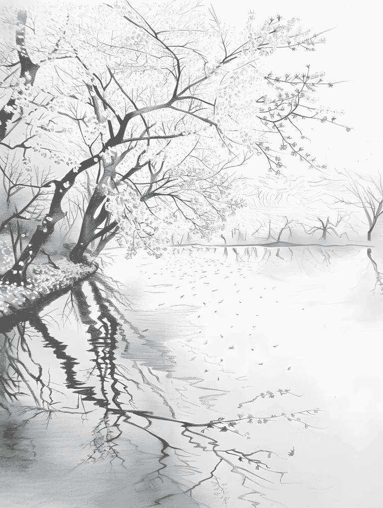Cherry Blossoms Reflecting By A Riverbank
