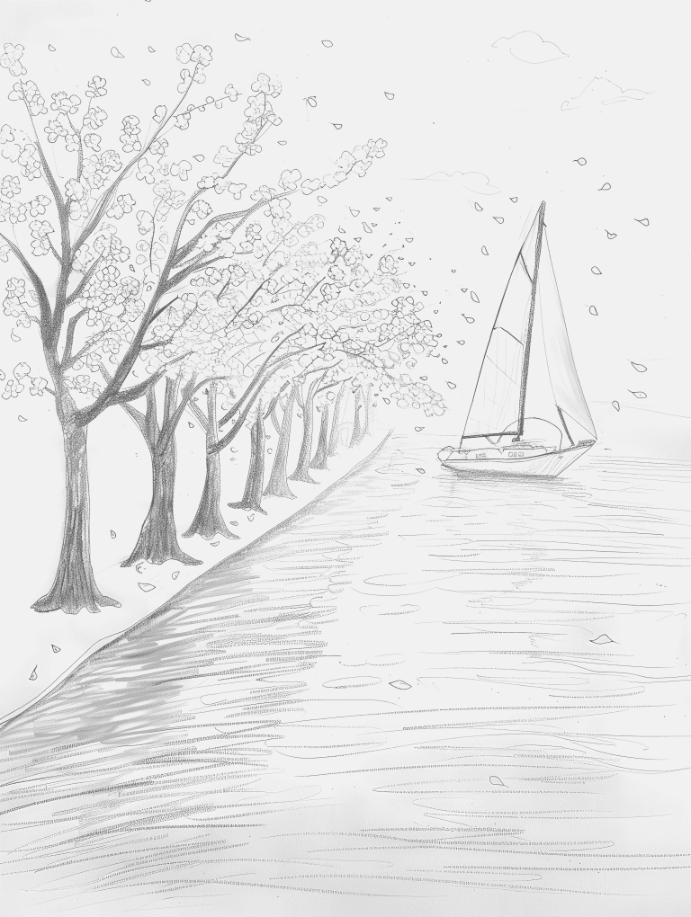 Sailboat Drifting Along Cherry Blossoms