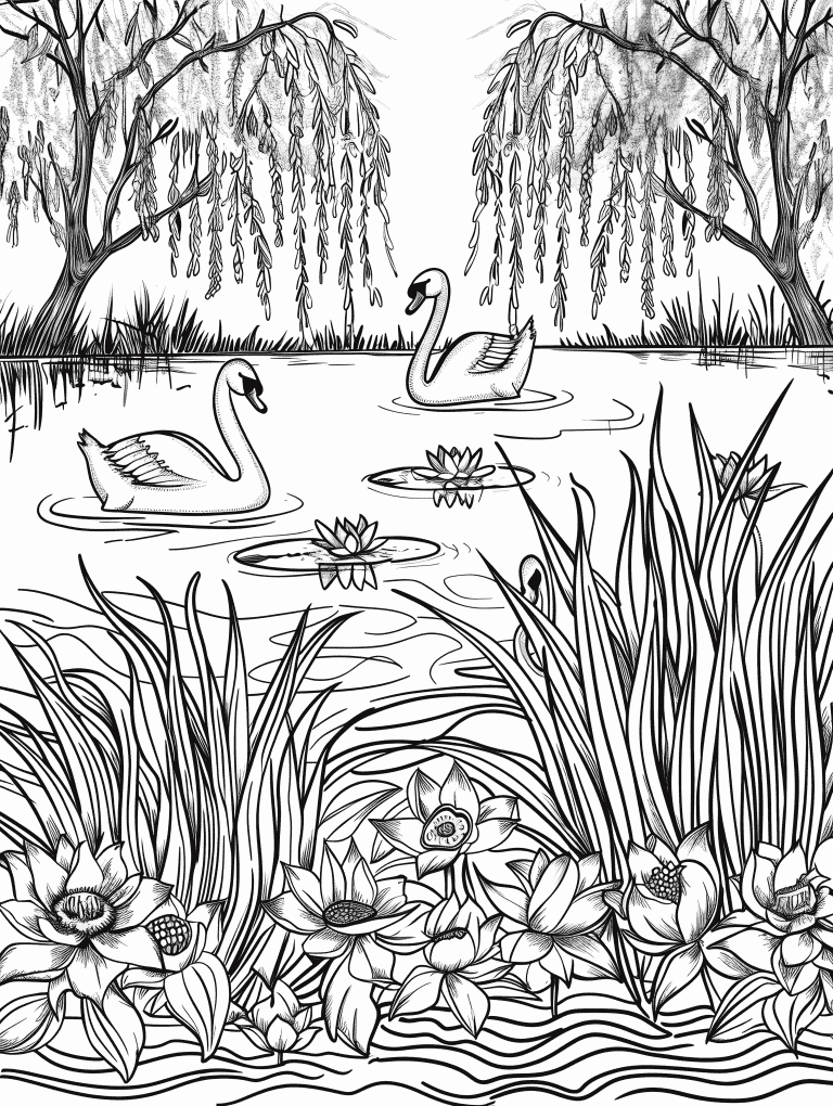 Swans In A Garden Pond
