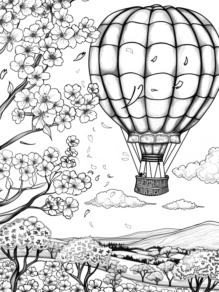 Hot Air Balloon Over Cherry Blossoms