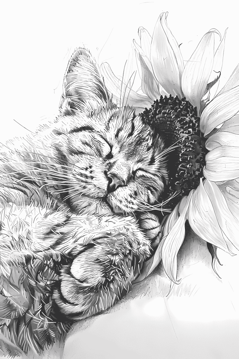 Cat Sleeping Beside A Sunflower