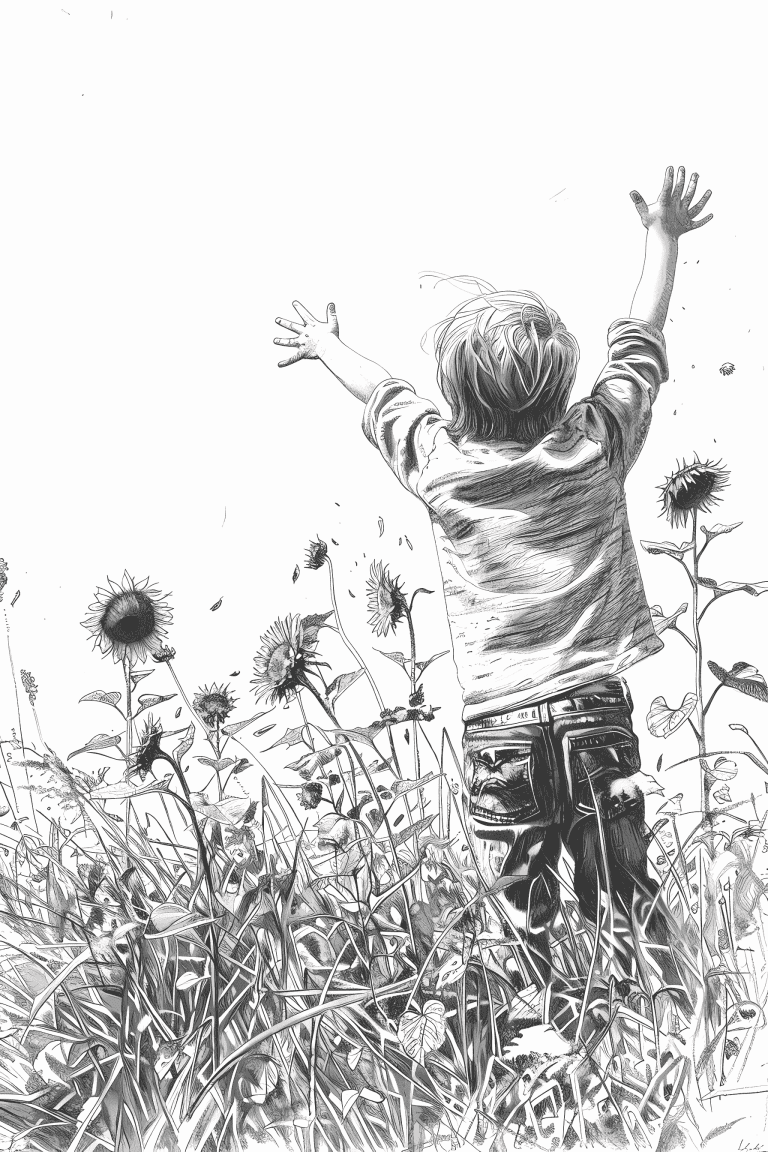 Kid Playing In A Sunflower Field