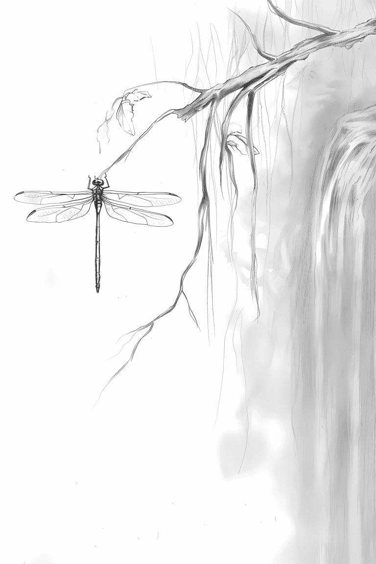 Dragonfly Beside A Waterfall