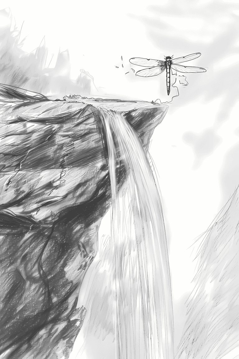 Dragonfly Emerging From A Waterfall