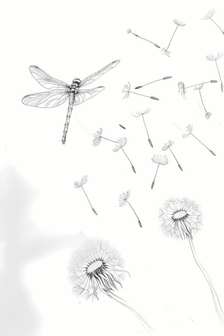 Dragonfly Gliding Over Dandelion Seeds