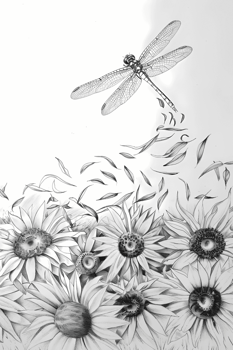Dragonfly Hovering Over Sunflowers