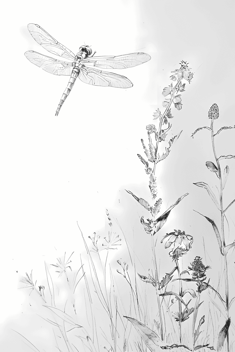 Dragonfly Hovering Over Wildflowers
