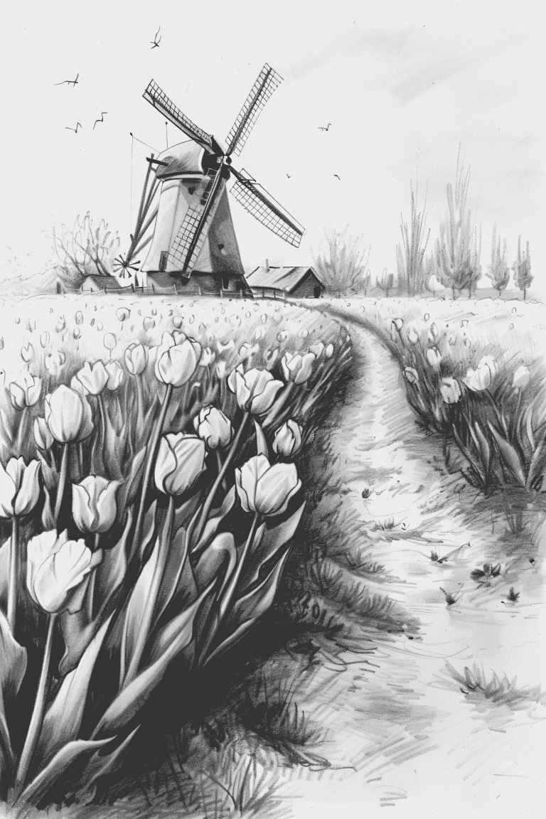 Field Of Tulip With a Windmill Background