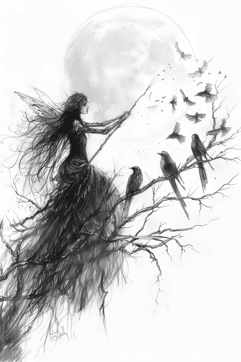 Fairy With Birds Under The Moonlight