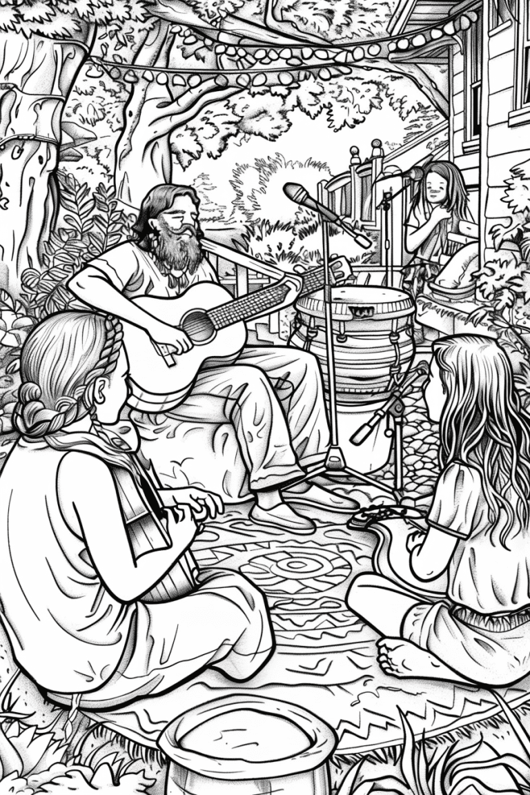 Hippie Playing Guitar With Children