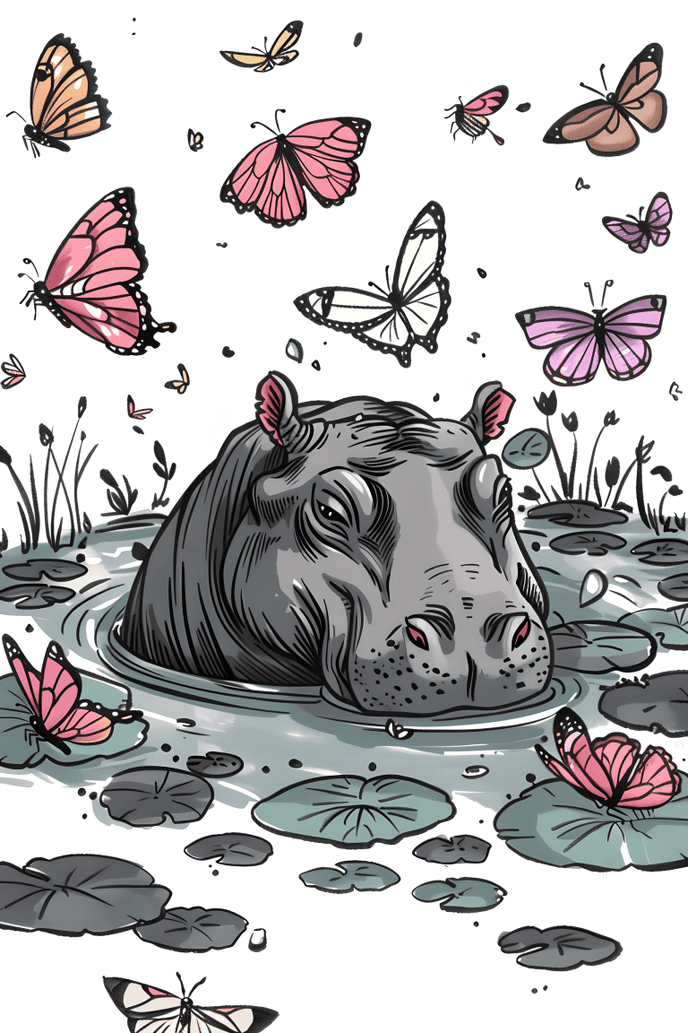 Hippopotamus Surrounded By Butterflies
