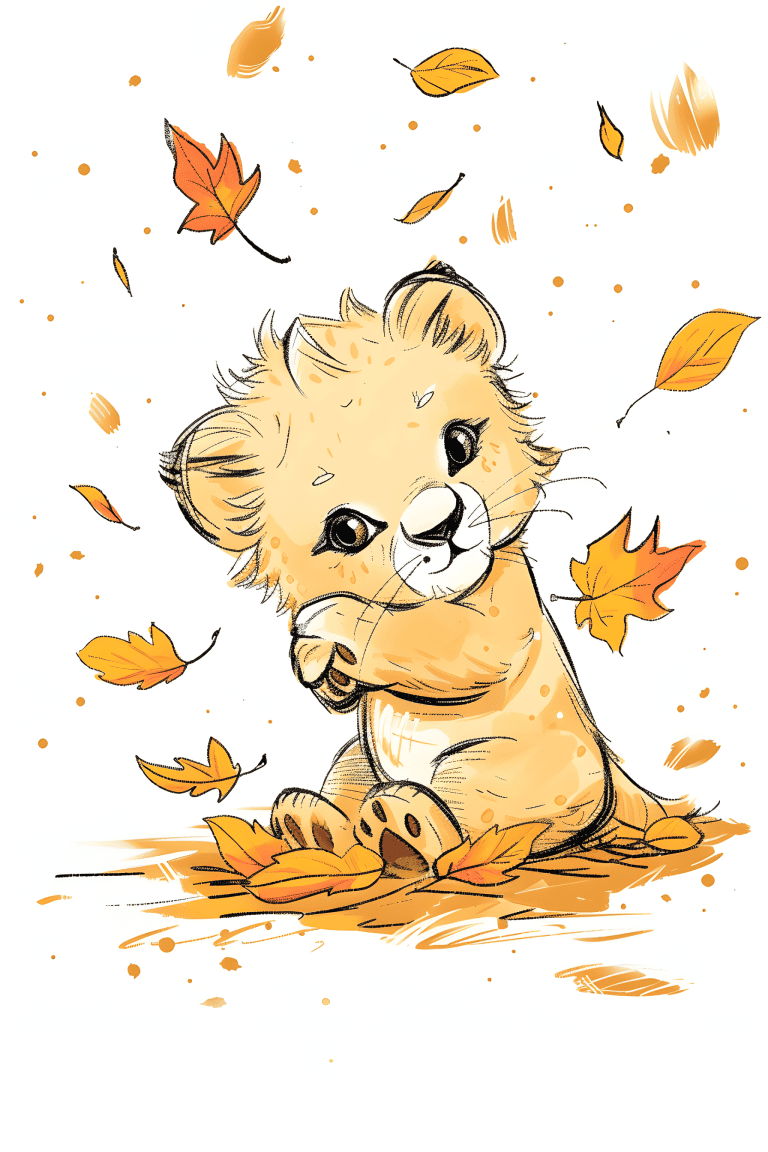 Cub Playing With Autumn Leaves