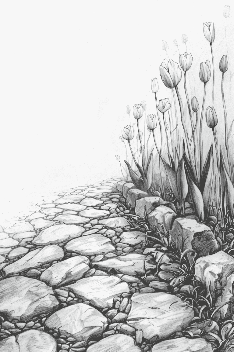 Row Of Tulips Lining A Cobblestone Street
