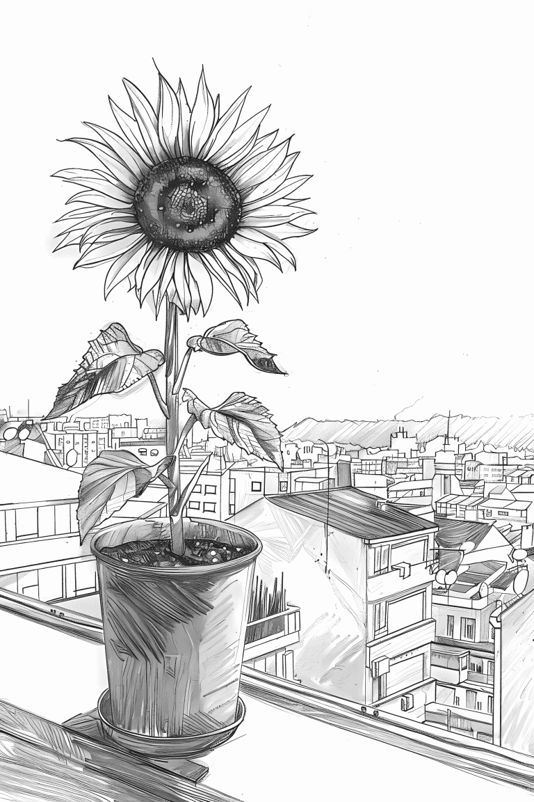Sunflower Pot Beside A Windowsill